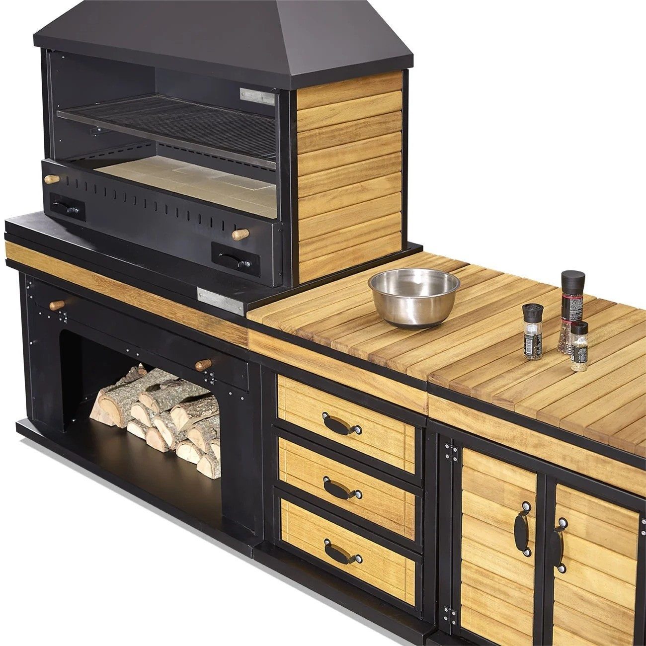 JVmoebel Outdoor-Küche Elegante Außenküche aus Holz und Edelstahl in Schwarz mit Grillbereich, Made in Europe