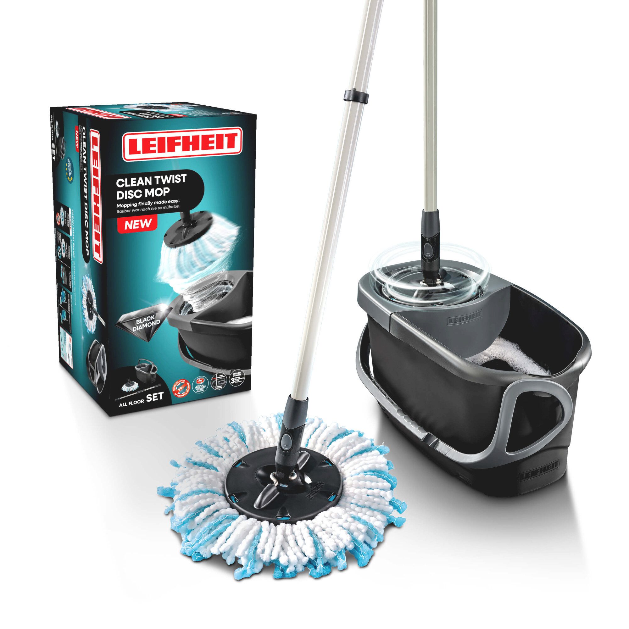 Leifheit Bodenwischer-Set CLEAN TWIST Disc Mop Ergo Black, (4-St), Wischer mit Drill-Mechanik, 360° Kardan-Gelenk, Teleskopstiel, Eimer