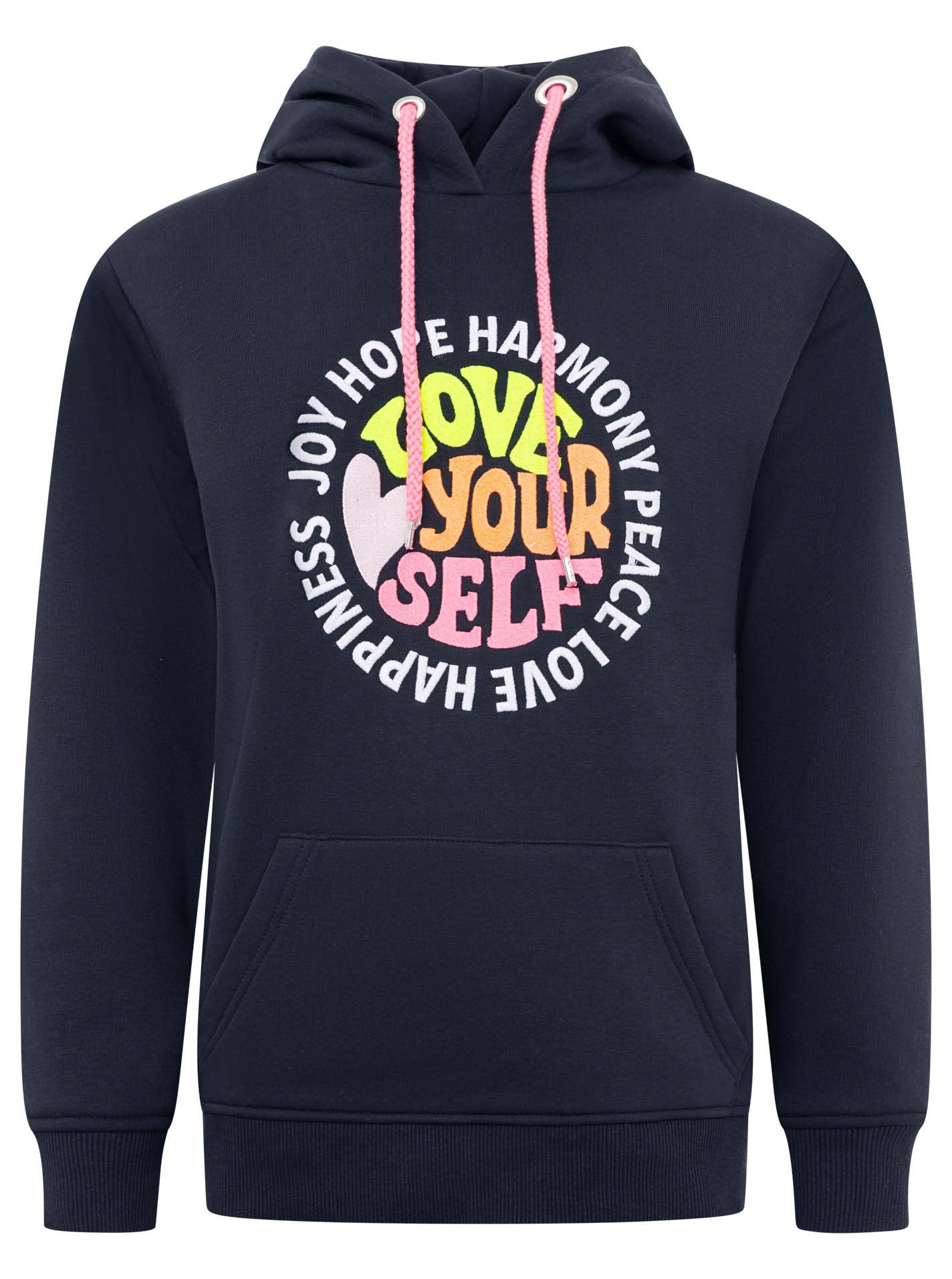 Zwillingsherz Hoodie "Love Yourslef" runde große Frontstickerei, farbige Kordel, Kängurutasche – Bild 2 von 5