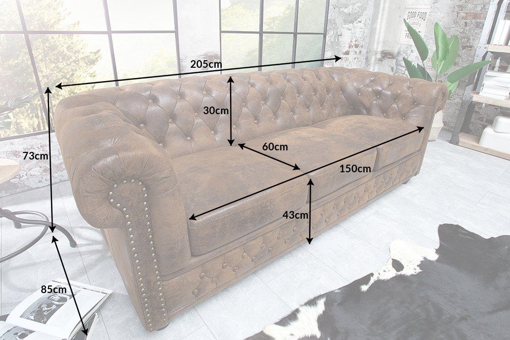 Wohnzimmer 205cm Teile, · · · Microfaser Sofa 3-Sitzer braun, Holz 1 antik CHESTERFIELD Einzelartikel Federkern riess-ambiente ·