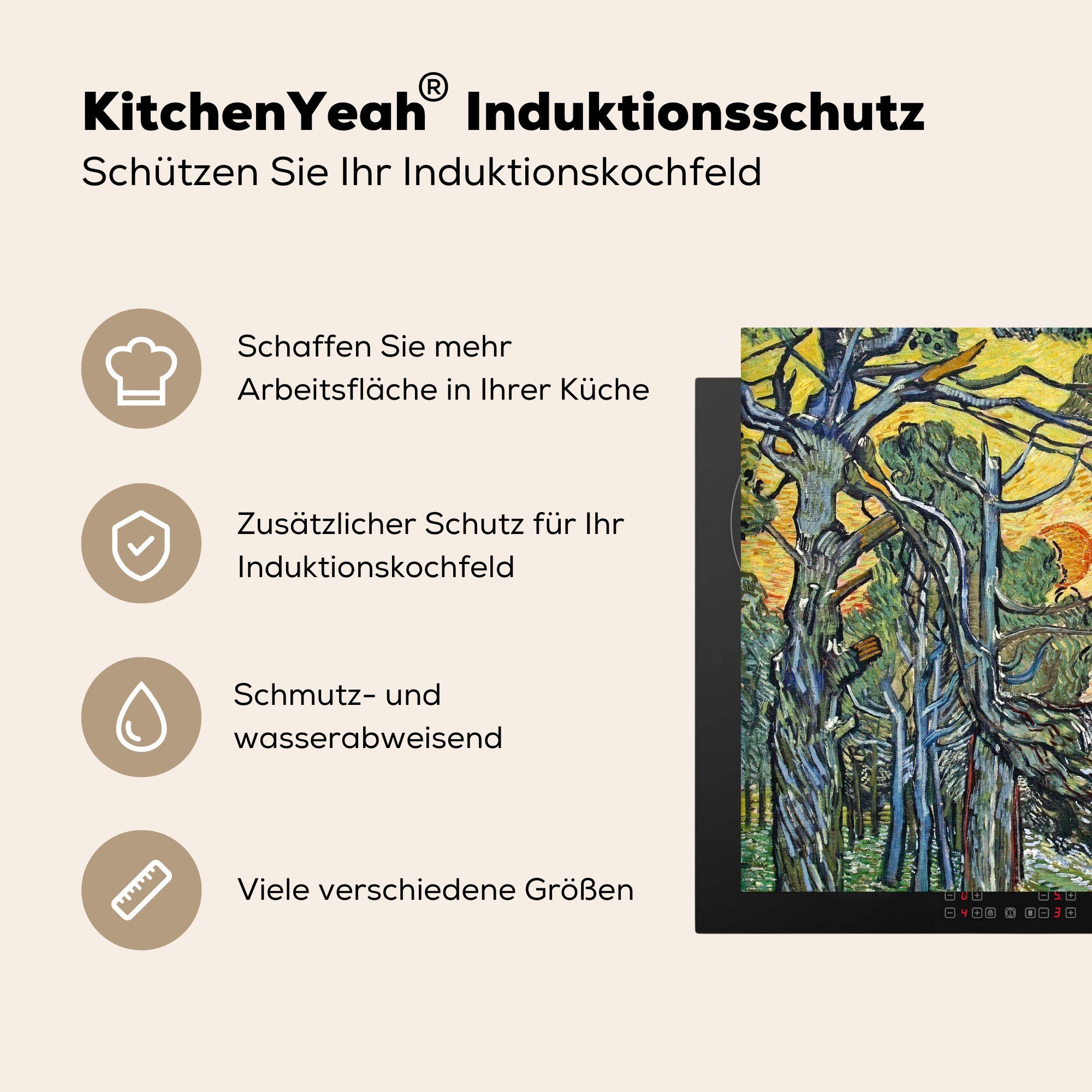 Vincent Vinyl, für Arbeitsplatte Ceranfeldabdeckung, (1 van tlg), - 78x78 küche Herdblende-/Abdeckplatte Tannenbäume Sonnenuntergang cm, Gogh, MuchoWow bei