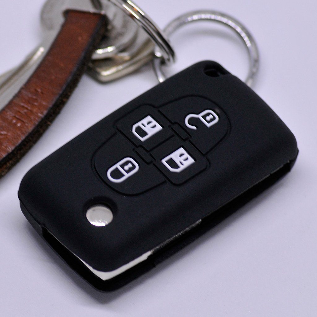 mt-key Schlüsseltasche Autoschlüssel Softcase Silikon Schutzhülle Schwarz,  für Peugeot Ranch Partner 807 1007 Citroen C4 C8 4 Tasten Schlüssel