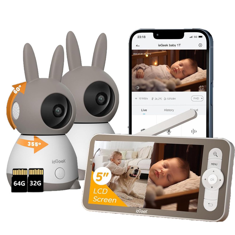 Video-Babyphone Babyphone mit 2 Kameras WLAN 5 Zoll Video Babyphone 2K/3MP PTZ 355°