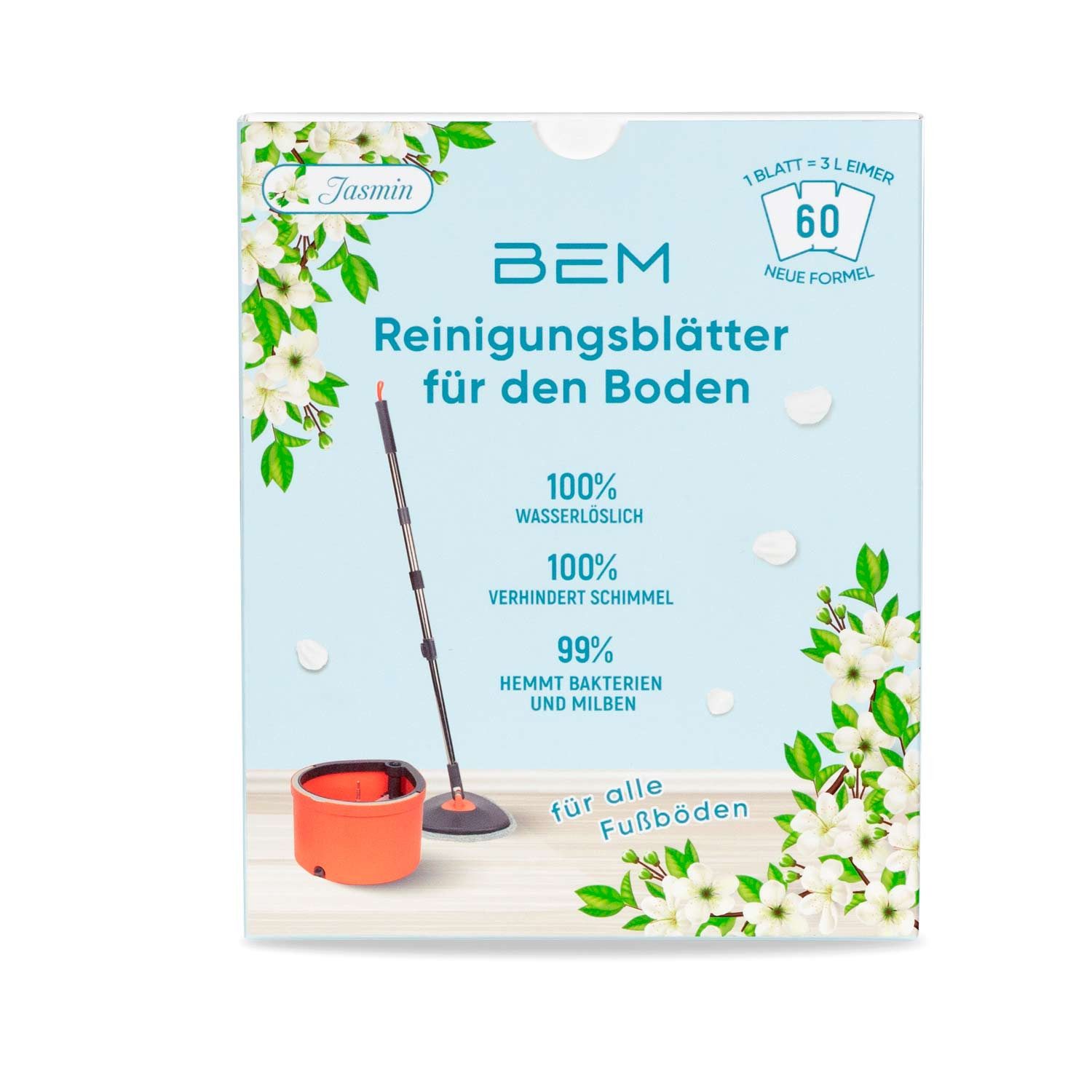 BEM Reinigungs-Set Wasserlösliche Reinigungsblätter, (Bodenreiniger Blätter für alle Fußböden geeignet, 60-St., mit Jasmin-Duft), effiziente und umweltfreundliche Bodenreinigung