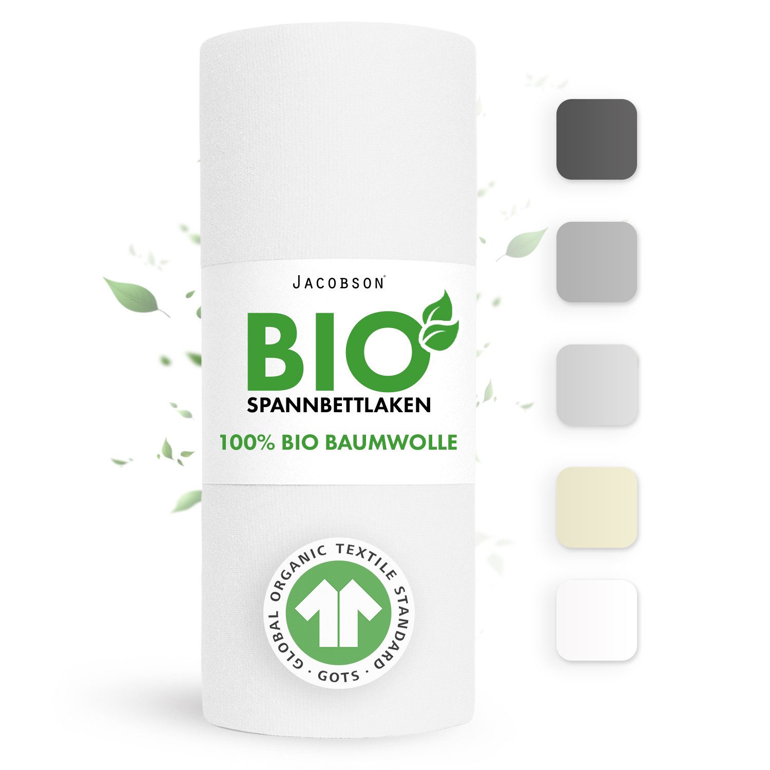 Jacobson Spannbettlaken BIO, Jersey Spannbetttuch, Bettlaken 160 g/m², 100% BIO-Baumwolle, Gummizug: rundum, GOTS zertifiziert