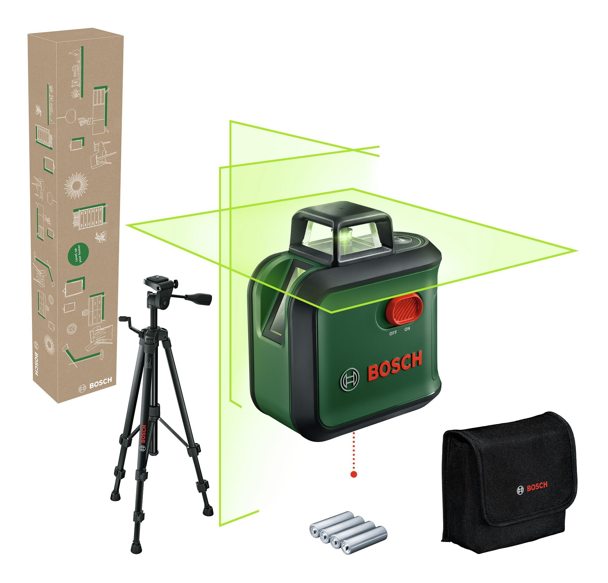 BOSCH Punkt- und Linienlaser AdvancedLevel 360 Set, Kreuzlinien-Laser mit Stativ - im eCommerce-Karton