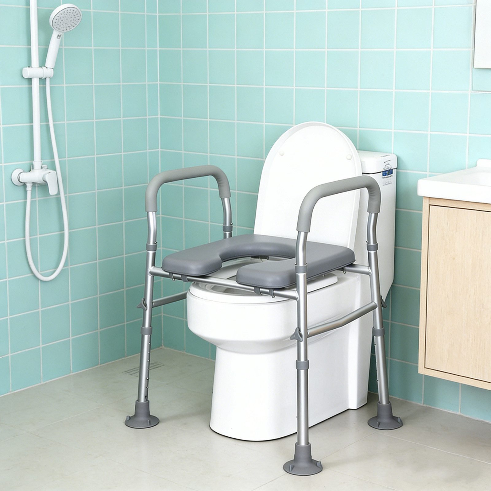 PEALOV WC-Aufstehhilfe Höhenverstellbare WC-Sitzerhöhung für gängige Toiletten, belastbar bis 180 kg, Erhöhter Toilettensitz mit Griffen,Toilettensitzerhöhung mit Armlehnen