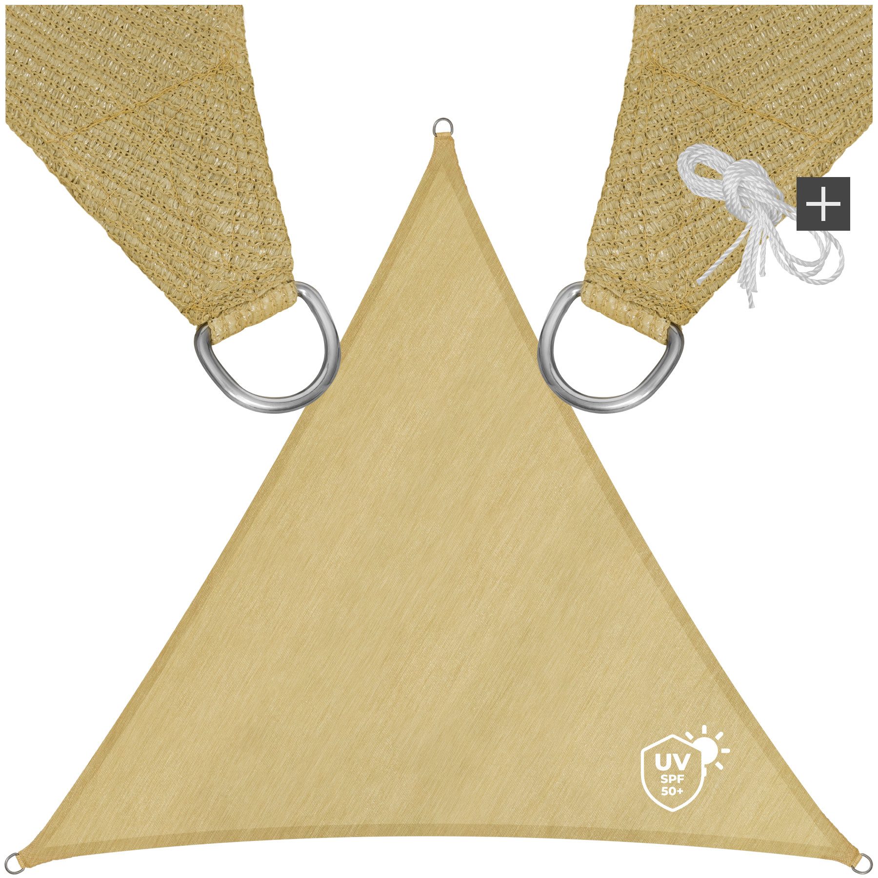 tectake Sonnensegel Dreieck-Beschattungstuch, UV 50+, Spannseile, Edelstahlringe, (Sonnenschutzplane, in beige), für Balkon/Garten/Terrasse, wasserabweisend, atmungsaktiv, reißfest