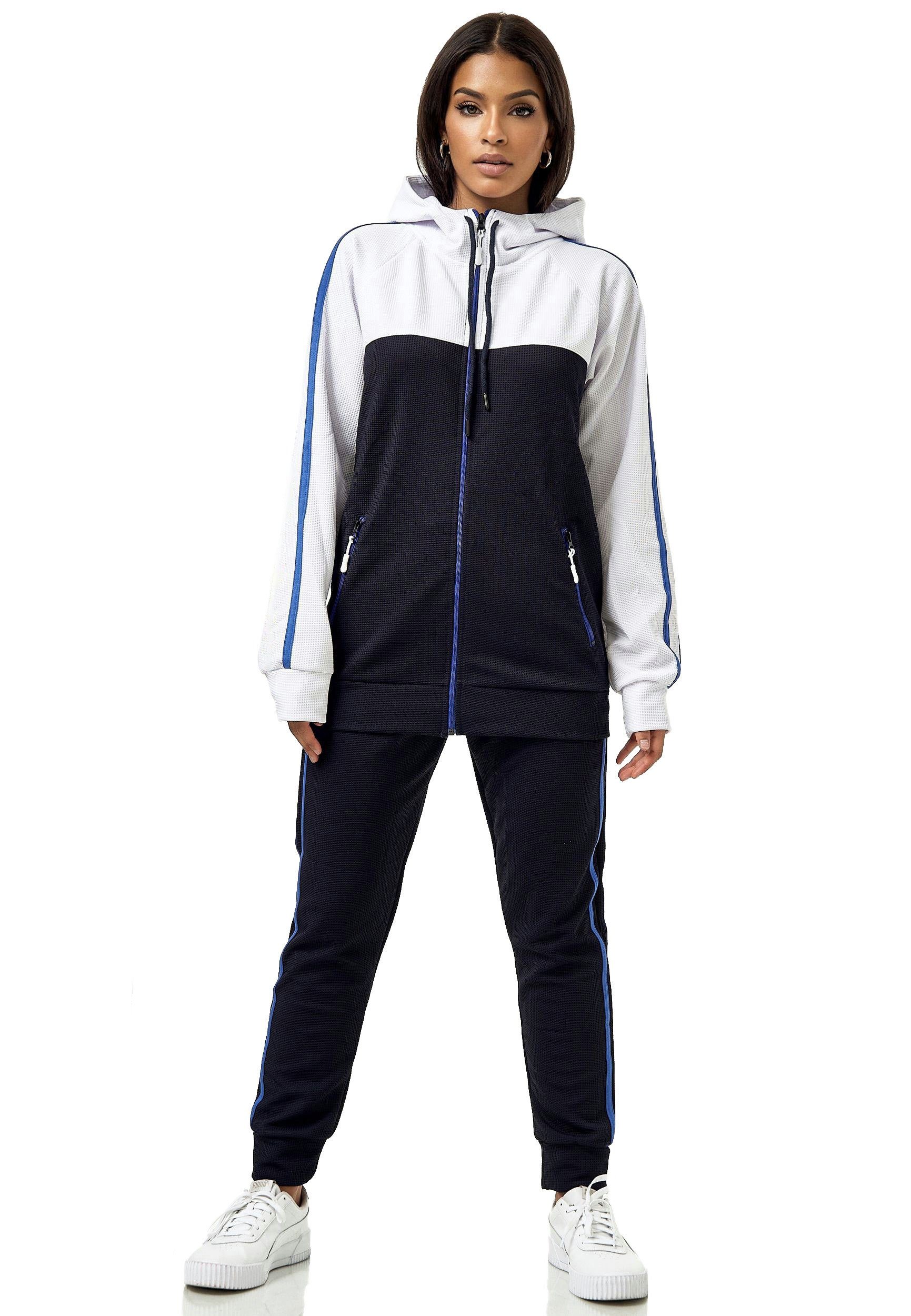 L.gonline Freizeitanzug Damen Jogginganzug Freizeitanzug Sportlich 3750 (Kapuzenjacke mit Reißverschluss, Hose, 2-tlg), mit Streifen – Bild 2 von 4