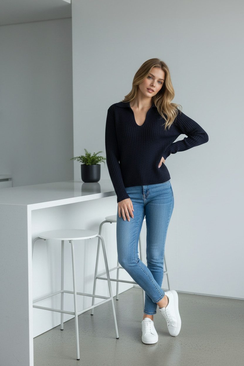 Zuckerwatte V-Ausschnitt-Pullover Rippstrickoptik aus Viskose mit Elasthan