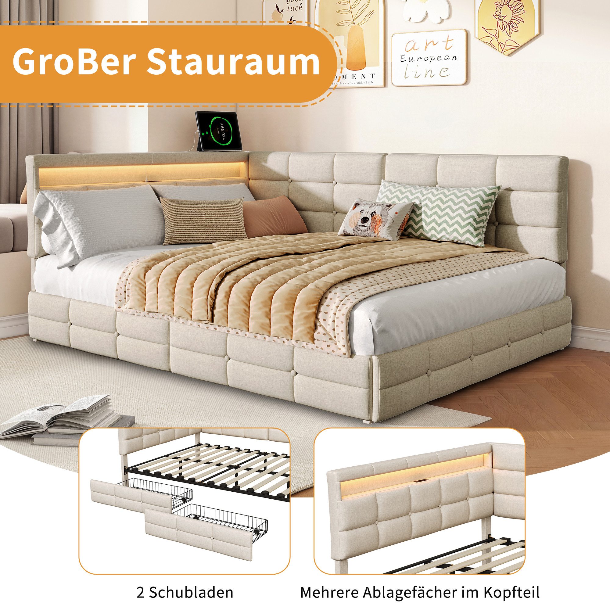 Simurq Polsterbett Daybett mit LED-Beleuchtung & USB, Tagesbett Jugendbett (1-tlg., in 2 Größen verfügbar), Schlafsofa Sofabett mit 2 Schubladen – Bild 3 von 5