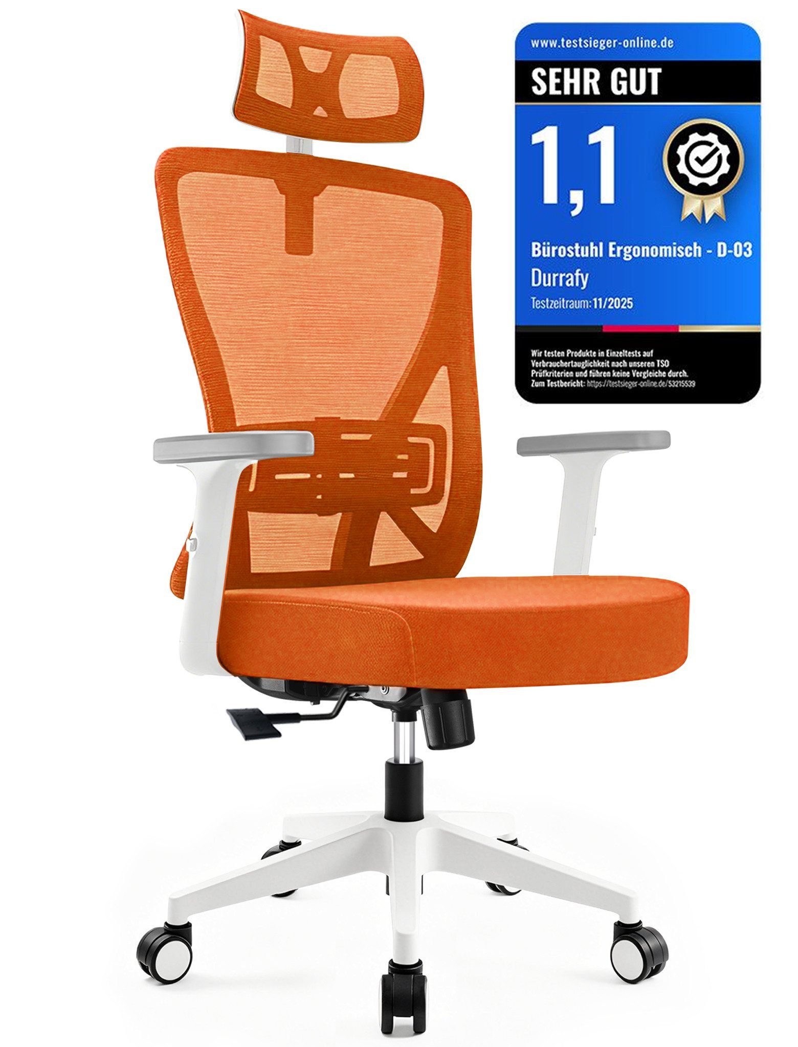 Durrafy Bürostuhl 200kg Ergonomischer Bürostuhl-Verstellbare Lordosenstütze (Verstellbare Lendenwirbelstutze + Kopfstutze + hohenverstelbare Armlehnen),bis zu 130° neigbar, atmungsaktives Netzgewebe, Drehstuhl),bis zu 130° neigbar, atmungsaktives Netzgewebe, Drehstuhl)