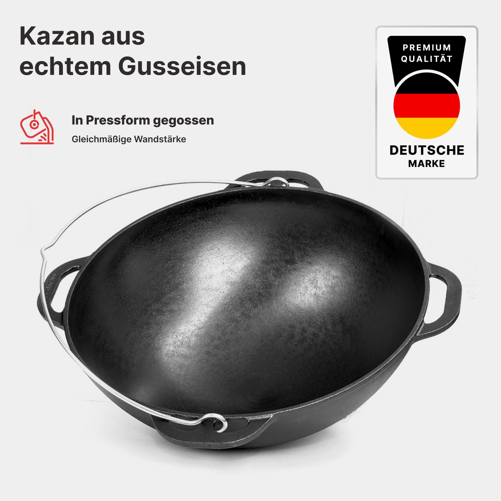 4BIG.fun Grilltopf Premium Gusseisen Kazan 15 L mit Glasdeckel Schwenktopf Gusstopf, Gusseisen (Schmortopf Plov, Grillwok preseasoned bereits eingebrannt), Asiatisches Kasan Kessel