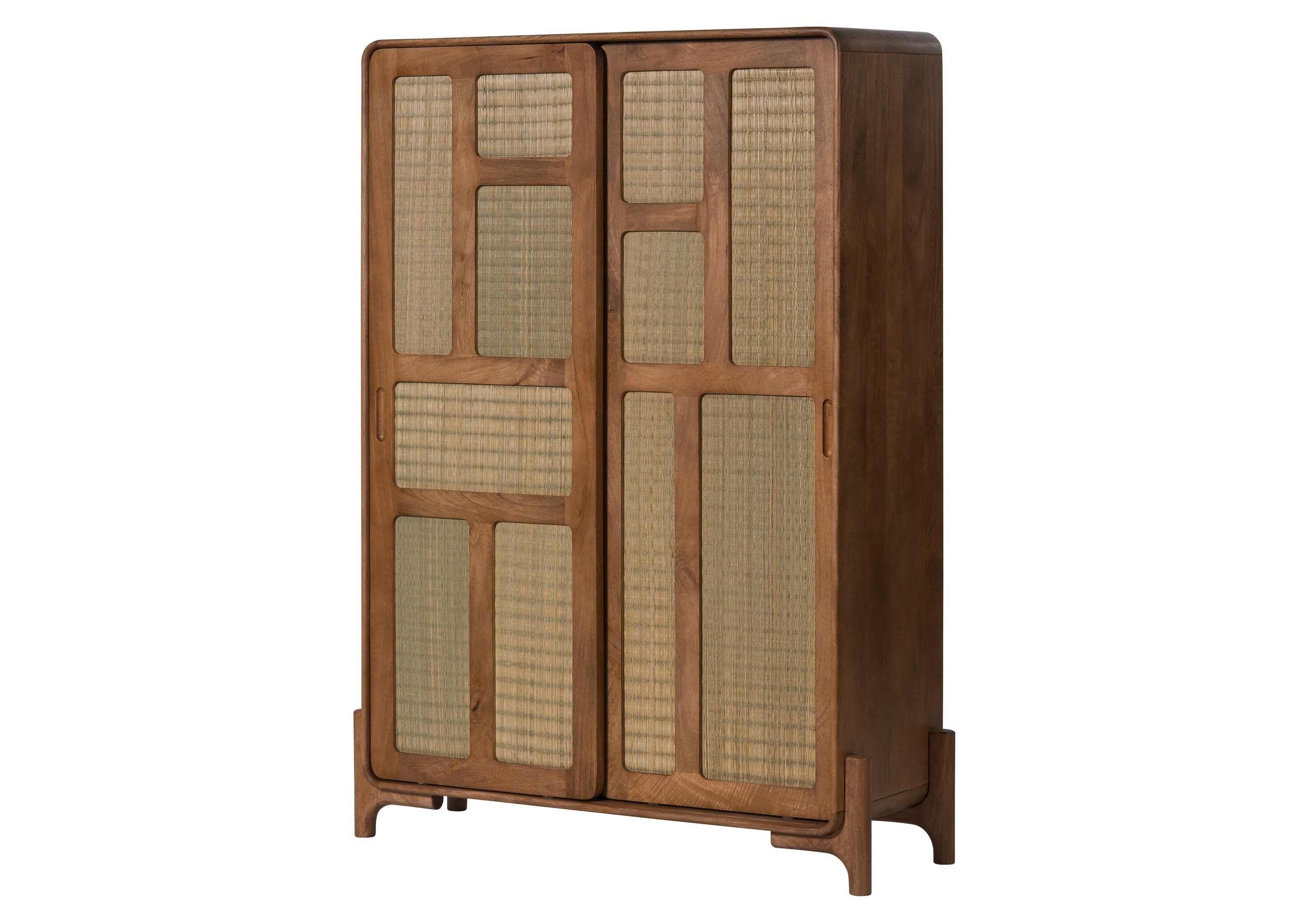 Massivmoebel24 Highboard MIZUMI (Massivholz), Mango/Seegras 110x40x150 hellbraun lackiert MIZUMI #118