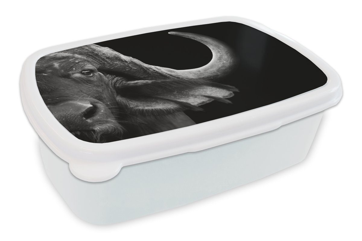 MuchoWow Lunchbox Büffel - Tiere - Schwarz - Weiß, Kunststoff, (2-tlg), Brotbox für Kinder und Erwachsene, Brotdose, für Jungs und Mädchen | Lunchboxen