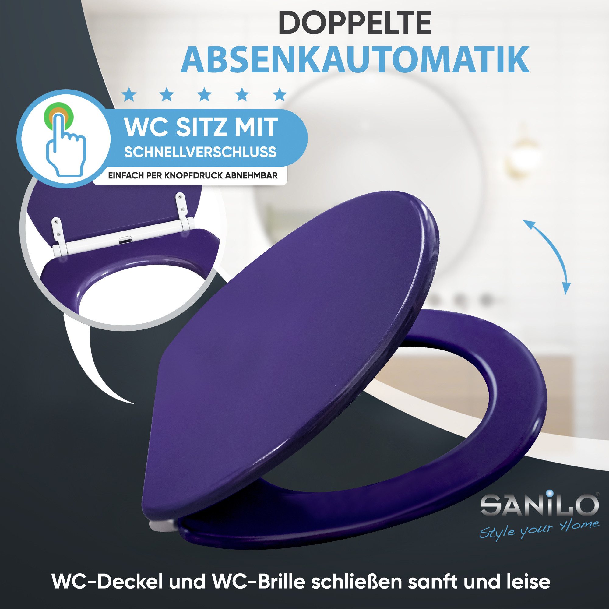 Sanilo WC-Sitz Glitzer mit Absenkautomatik & Quick Release, Premium Toilettendeckel, abnehmbar, leichte Montage von oben