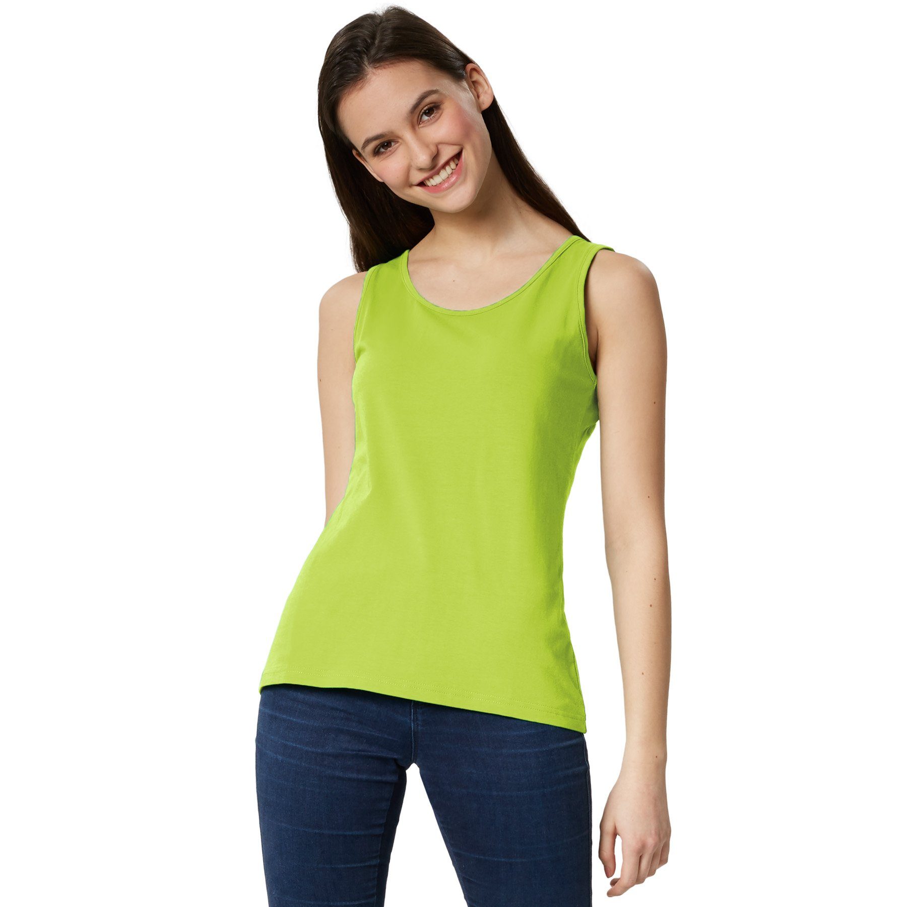 dressforfun Tanktop Achselshirt, Für viele Outfits und Auftritte, Einfarbiges Damen Top (Trägershirt, Konfektionsgröße XL in hellgrün) Leicht körperbetonter Schnitt, Fester Stoff, Rundhalsausschnitt