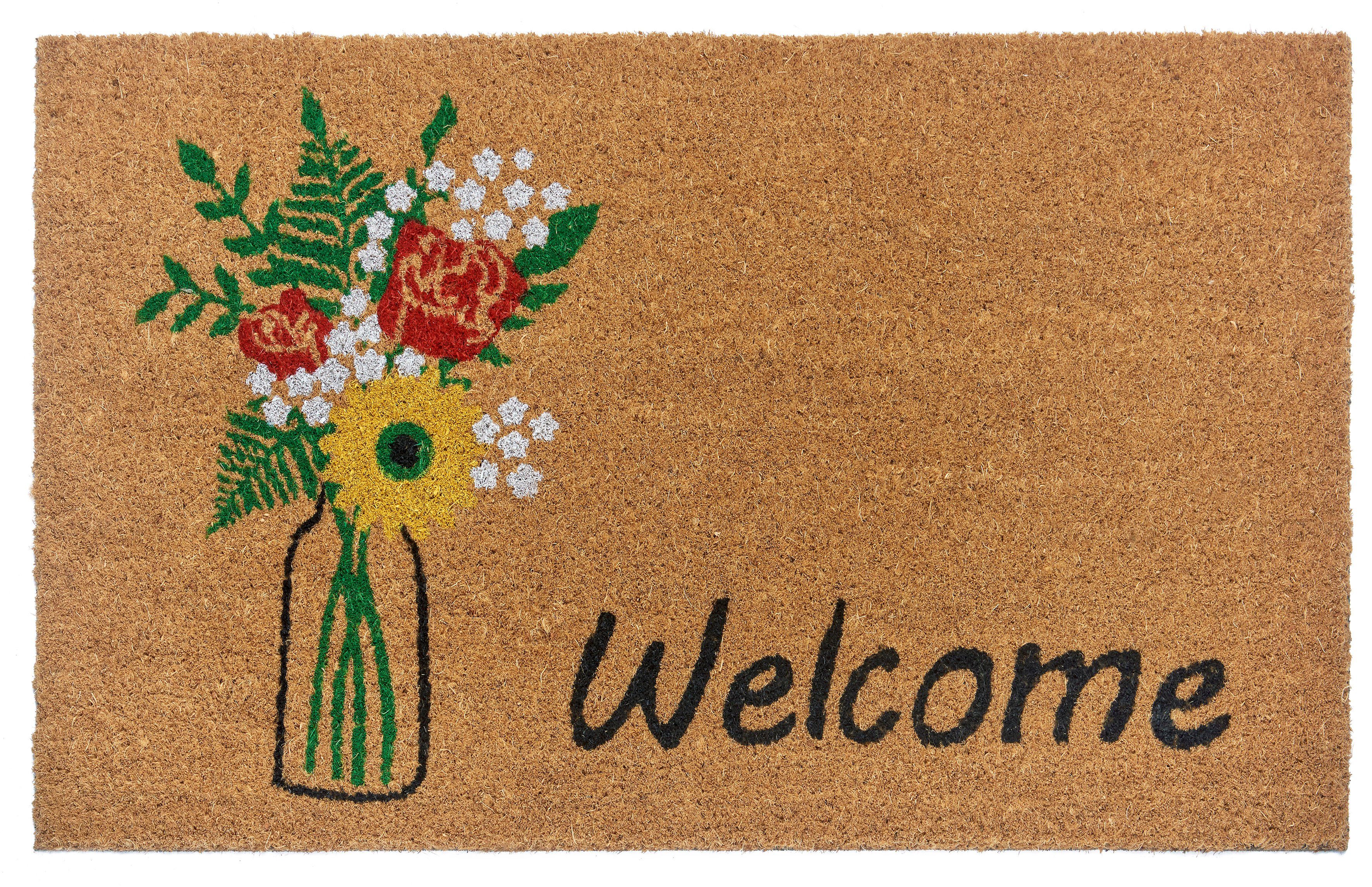 Fußmatte Welcome & Flowers, HANSE Home, rechteckig, Höhe: 15 mm, Kokos, Schmutzfangmatte, Outdoor, Rutschfest, Innen, Kokosmatte, Flur | Fußmatten