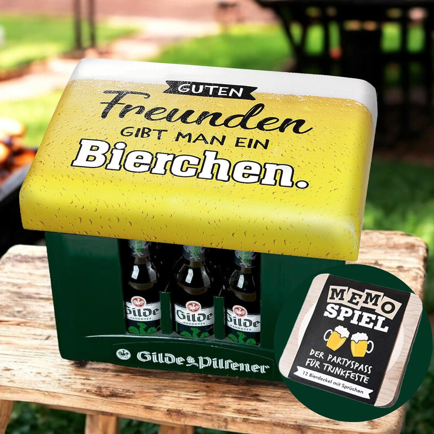 Cult at Home Hocker BIERCHEN - Sitzauflage + Bierdeckel Memospiel - für Bierkiste (1xSitzauflage für Bierkiste, Auflage - Bierkasten), Bierkiste Bierkasten Sitzkissen Kissen mit Bier Männergeschenk