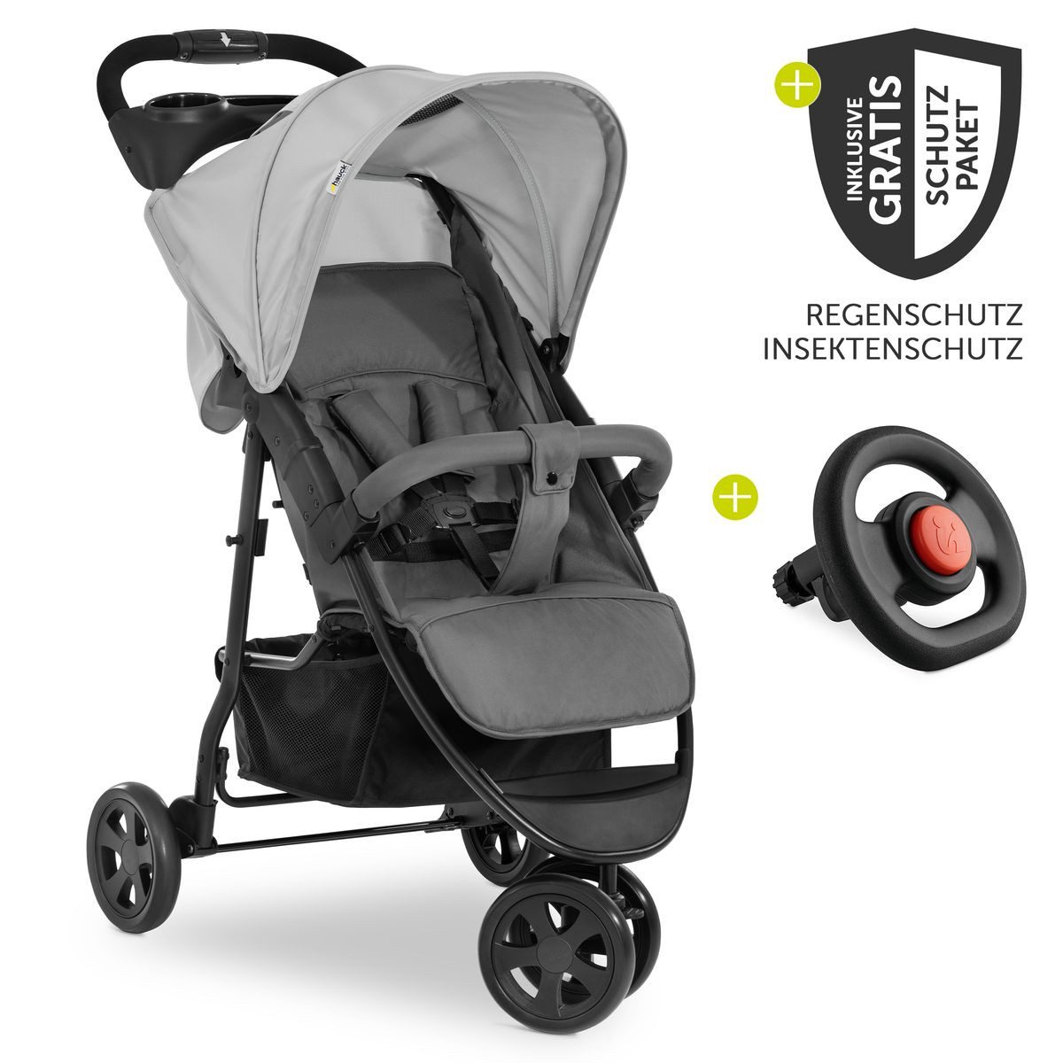 Hauck Kinder-Buggy Citi Neo 3 - Grey, Sportwagen mit Liegefunktion Regenschutz, Insektenschutz & Lenkrad