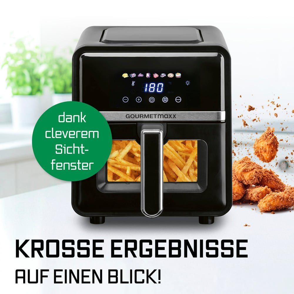 GOURMETmaxx Heißluftfritteuse Heißluftfritteuse, 5 l - 8 Programme, Farb-Icons & Multi-Color LED-Touchdisplay, 1400 W, inkl.10 Backpapierschalen mit Frontfenster LED-Display 8 Programme