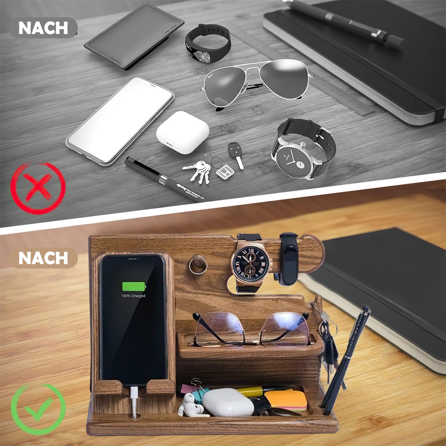 Refined Living Organizer Holz Telefon Dockingstation Geschenke für Männer & Frauen Geburtstag (Schreibtisch Nachttisch Organizer ladestation holz Büro Aufbewahrung, 1 St., Vatertagsgeschenk für Papa für Mama, Geschenke zum Valentinstag), Handy-Halterung Tolle Geschenkideen für männer personalisiert