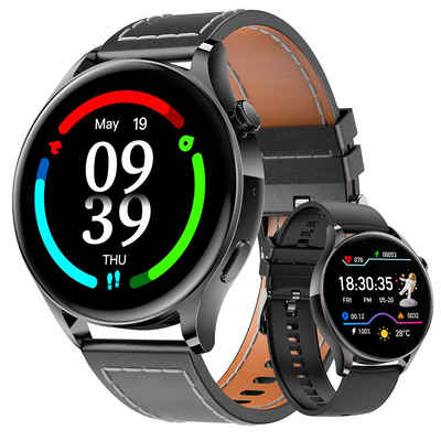 Mutoy Smartwatch für Damen Herren, Fitness Tracker Uhr mit Anruffunktion Smartwatch (1,32" Runde Voll Touchscreen Zoll), mit Wechselband aus wechem Silikon und Leder Uhrenarmbänder, IP68 Wasserdicht Pulsmesser Schrittzähler Aktivitätstracker
