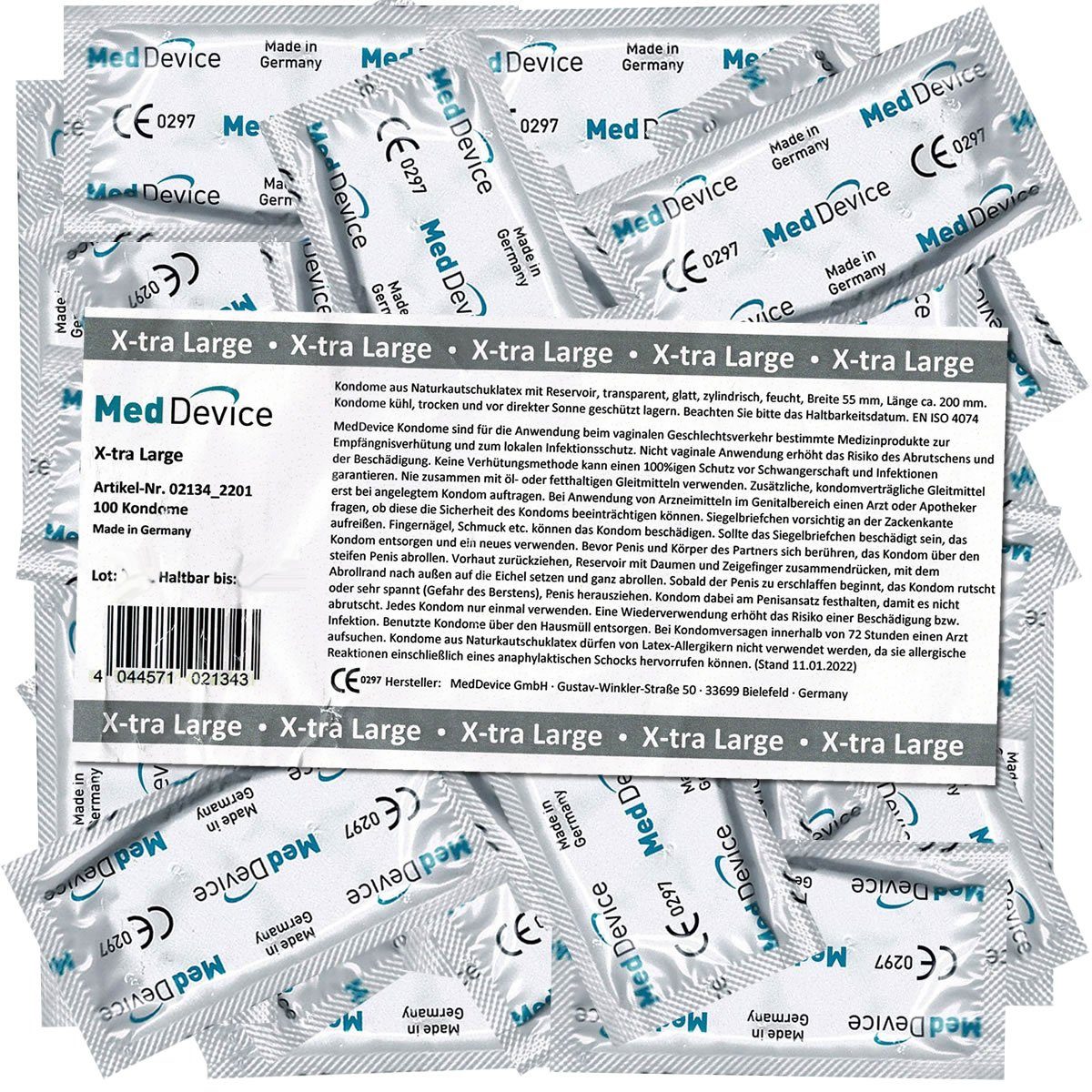 MedDevice XXL-Kondome Xtra Large Vorratsbeutel mit, 100 St., Profikondome aus Deutschland -, große Kondome mit sympathisch angenehmen Geruch