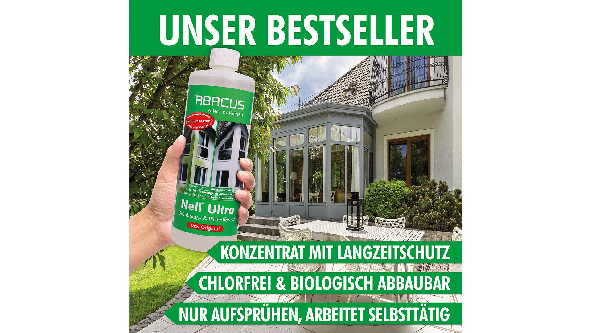 ABACUS Nell Ultra Algenentferner, Grünbelagentferner, Flechtenentferner Grünbelagentferner (Extrem starkes Konzentrat Selbsttätig mit Langzeitschutz)