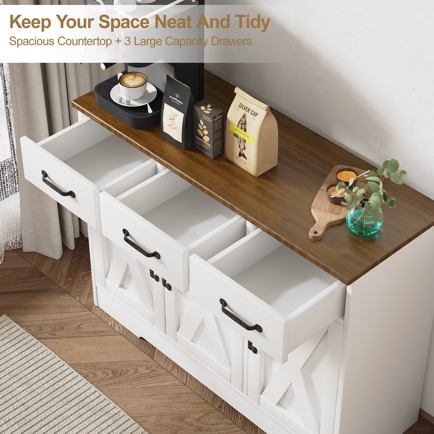 oyajia Sideboard Küchenschrank Aufbewahrungsschrank mit 3 Türen (Sideboard mit Schubladen, Aufbewahrungsschrank mit Türen, für Wohnzimmer Küche Esszimmer), verstellbare Ablage,40 x 108 x 81 cm