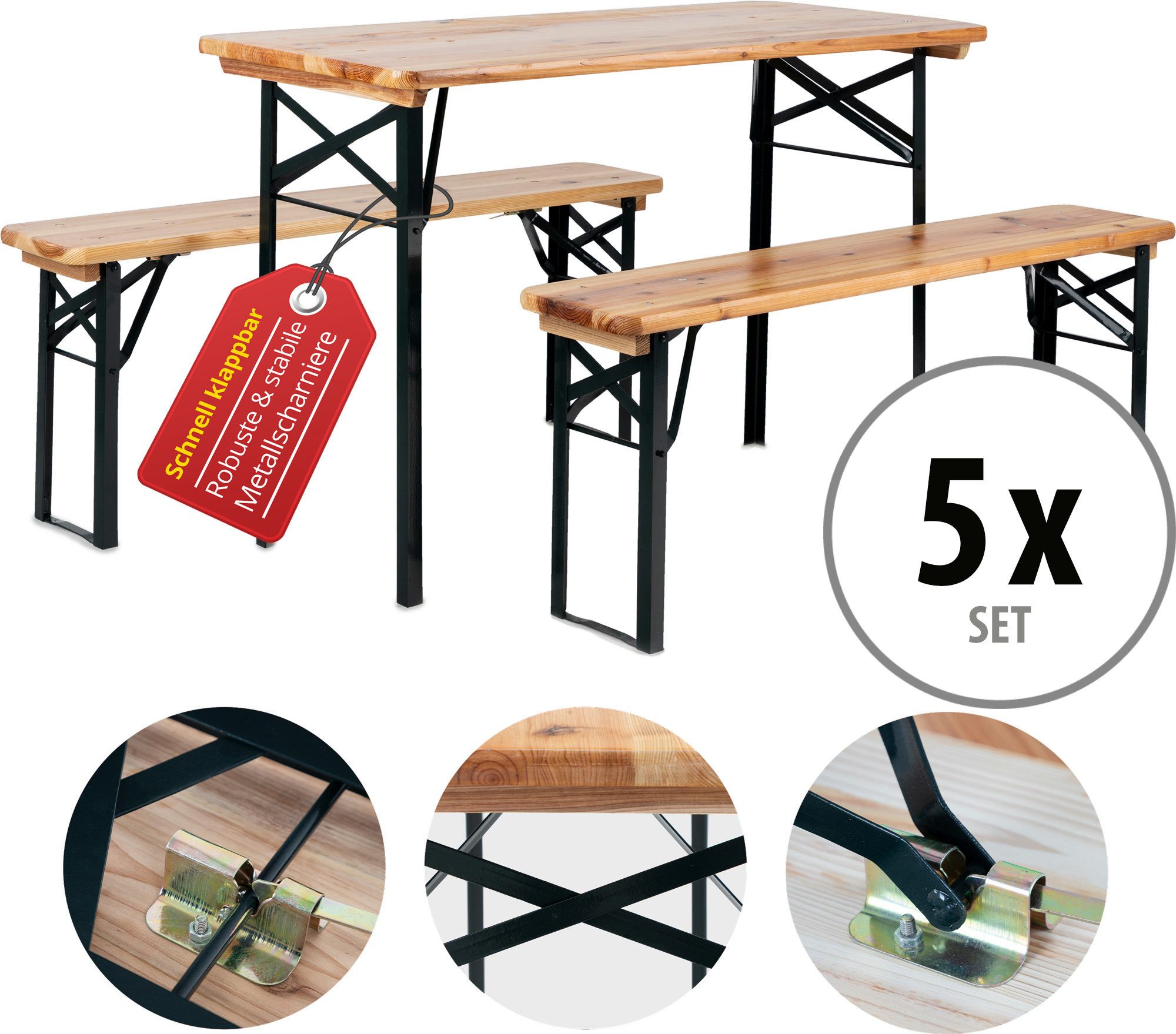 Stagecaptain Bierzeltgarnitur Hirschgarten BB-117 Sitzgarnitur 117 cm Länge, (Stehtisch Holz, 15-tlg., 10 x Bank, 5 x Tisch), Sitzmöbelset für Balkon Outdoor & Indoor, klappbar