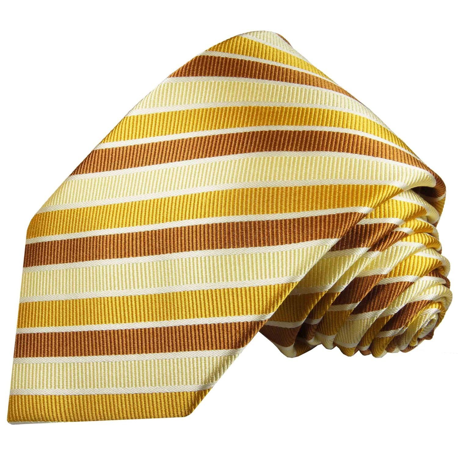 mit 272 2-St., Tuch Krawatte Seide Einstecktuch) gold Schmal Krawatte Malone mit Paul (Set, gestreift 100% modern braun Seidenkrawatte Herren gelb (6cm),