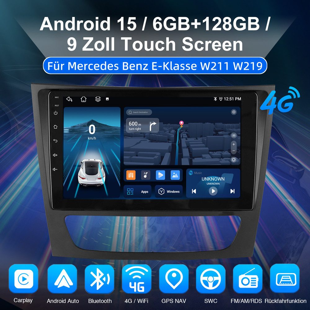 ESSGOO Für Mercedes-Benz E Klasse W211 CLS W219 6GB+128GB Carplay Autoradio (RDS, Digitalradio (DAB), FM, AM, Carplay Android Auto GPS Navi WIFI BT)