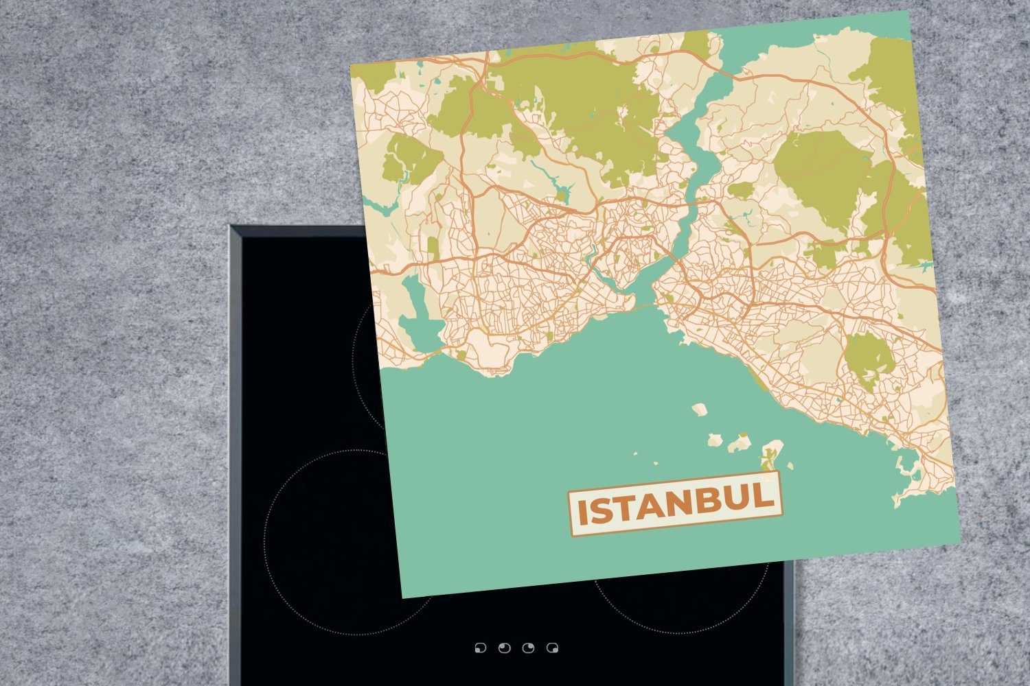 MuchoWow Herdblende-/Abdeckplatte Karte - - Stadtplan Vinyl, Vintage, cm, küche 78x78 (1 - tlg), Arbeitsplatte Ceranfeldabdeckung, Istanbul für