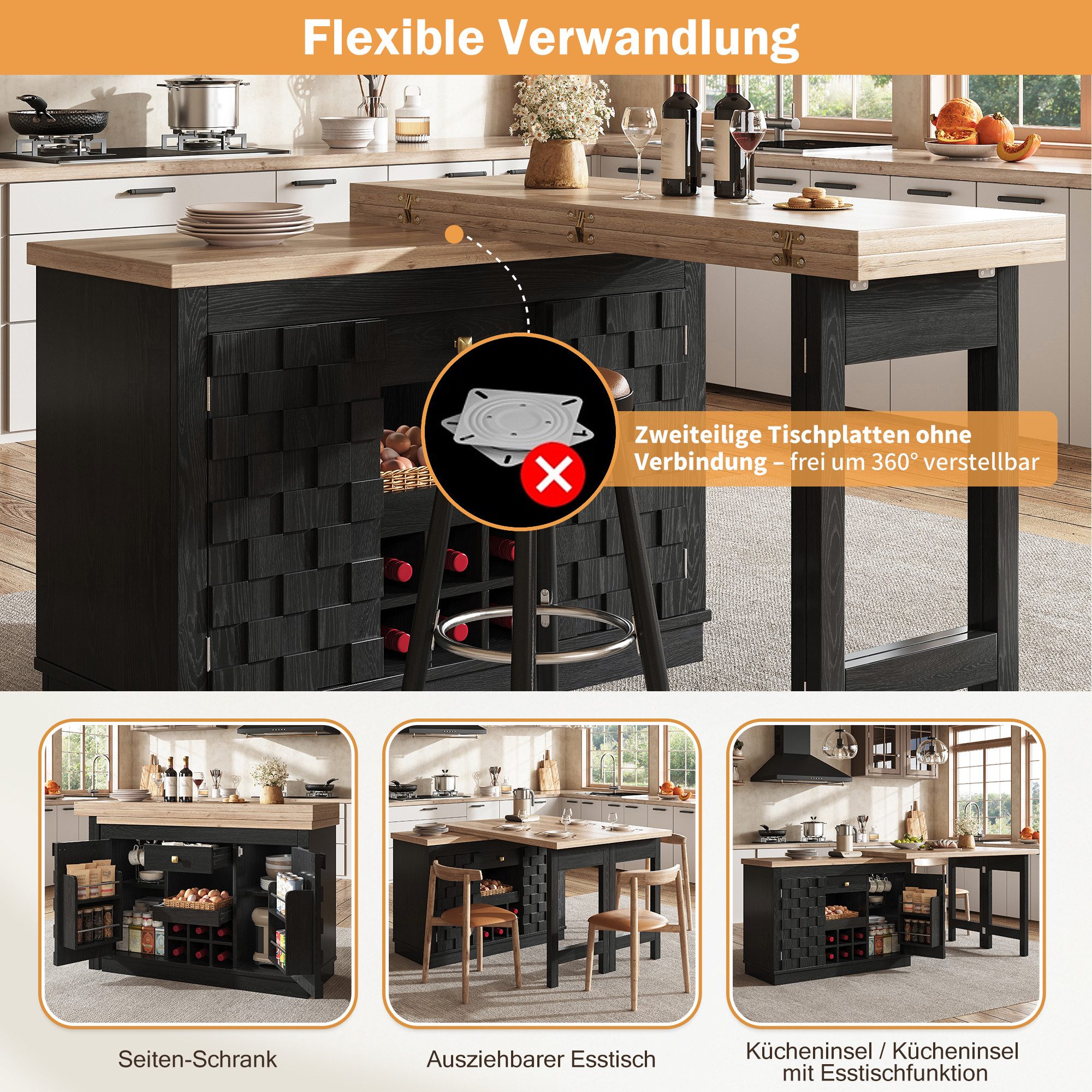 i@home Bartisch Kücheninsel 360° drehbar freistehend (ausziehbarer Küchenwagen mit Weinregal und Schubladen, 1-St), Seitenschrank Türen mit Würfeloptik, Esstisc – Bild 5 von 5