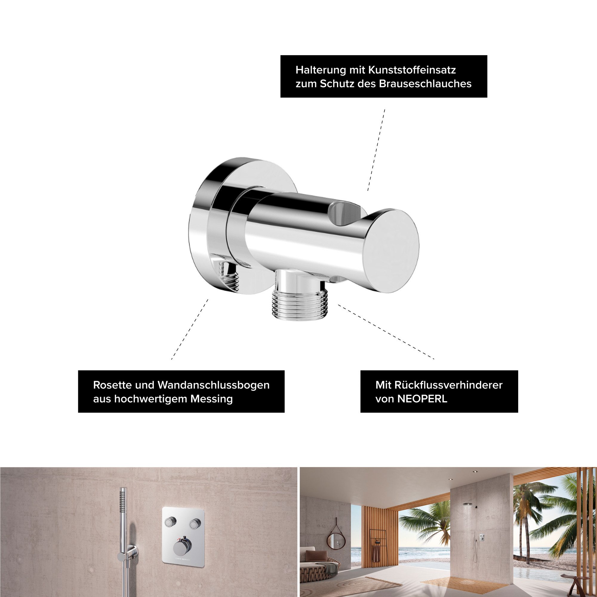 CHRIS BERGEN Wandanschlussbogen Schlauchanschluss mit integrierten Rückflussverhinderer, aus Messing in Chrom und Schwarz matt