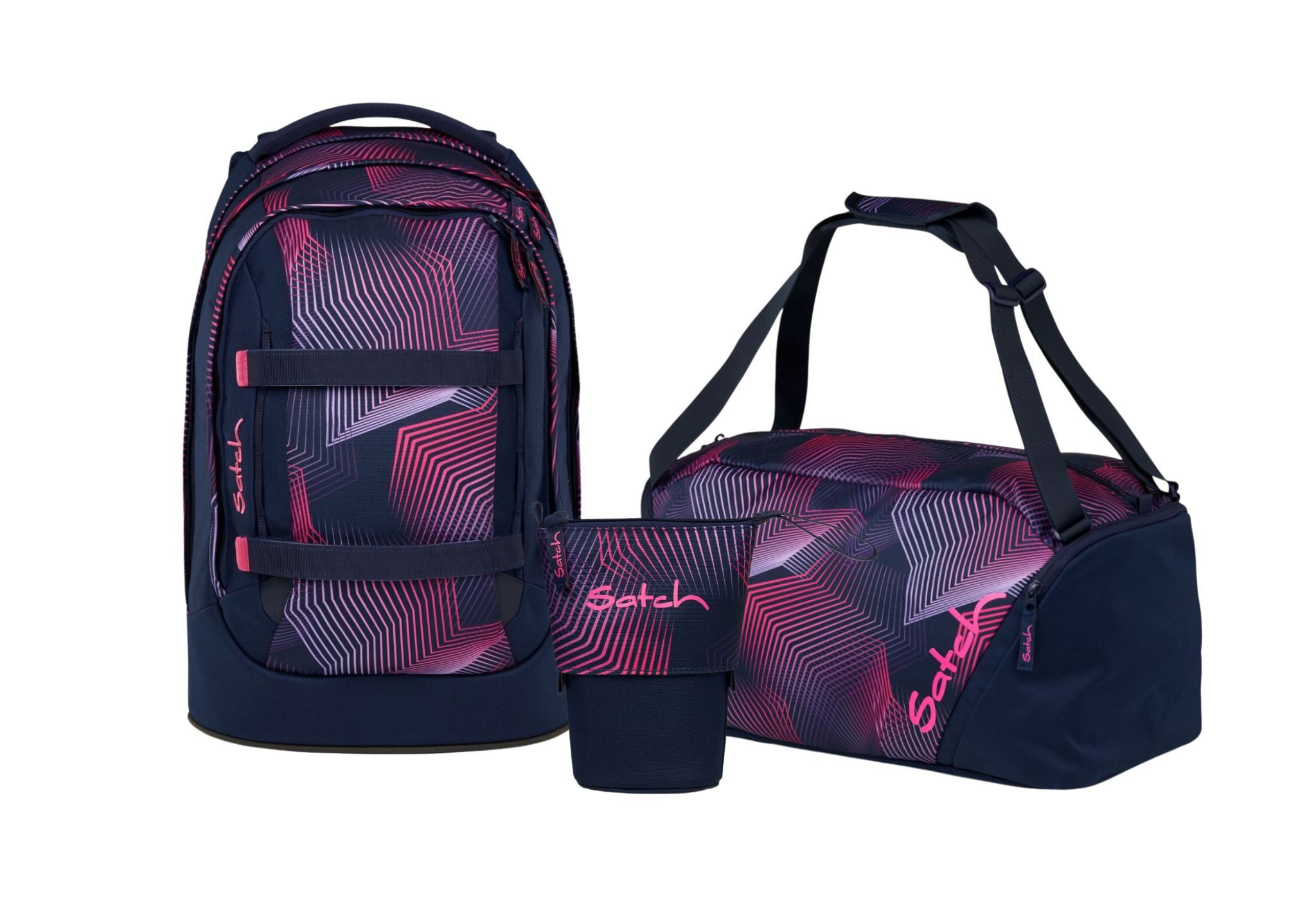 Satch Schulranzen Schulrucksack-Set PACK Seismic Pink 3-teilig (3-teilig), ergonomisch, Your-Size-System: auf Körpergröße anpassbar