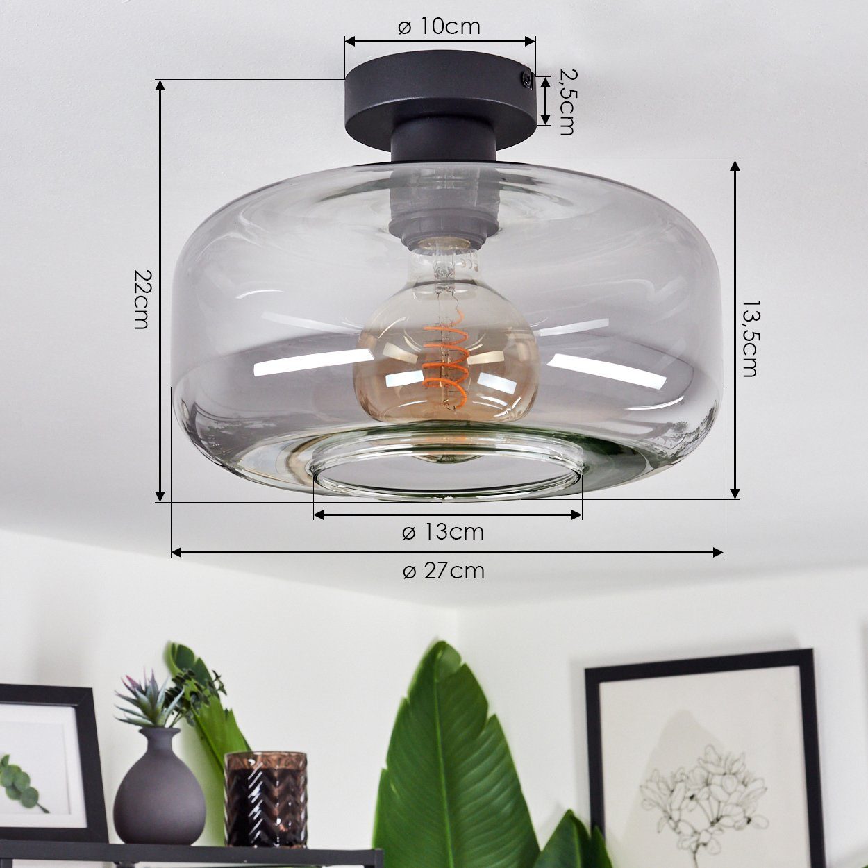 hofstein Deckenleuchte »Vizzini« moderne Deckenlampe aus Metall/Glas in Schwarz/Rauchfarben, ohne Leuchtmittel, Leuchte im Retro/Vintage-Design mit Schirm aus Glas (27cm), 1xE27