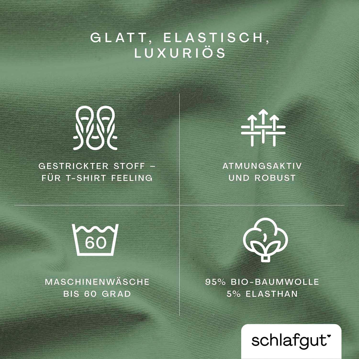Schlafgut Spannbettlaken PREMIUM Mako-Zwirn-Jersey, 220 g/m², 95% Bio-Baumwolle, 5% Elasthan, Mako-Zwirn-Jersey, Gummizug: rundum, (1 Stück), Bettlaken bis 30 cm Höhe, PREMIUM-Qualität langlebig, perfekter Sitz
