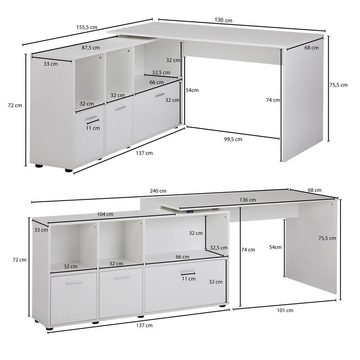 Wohnling Schreibtisch WL5.313 (Eckschreibtisch 136 x 75,5 x 155,5 cm Weiß), Bürotisch Sideboard, HomeOffice Schreibtischkombi
