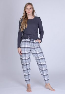 maluuna Pyjama Damen Schlafanzug mit Flanellhose und Bündchen