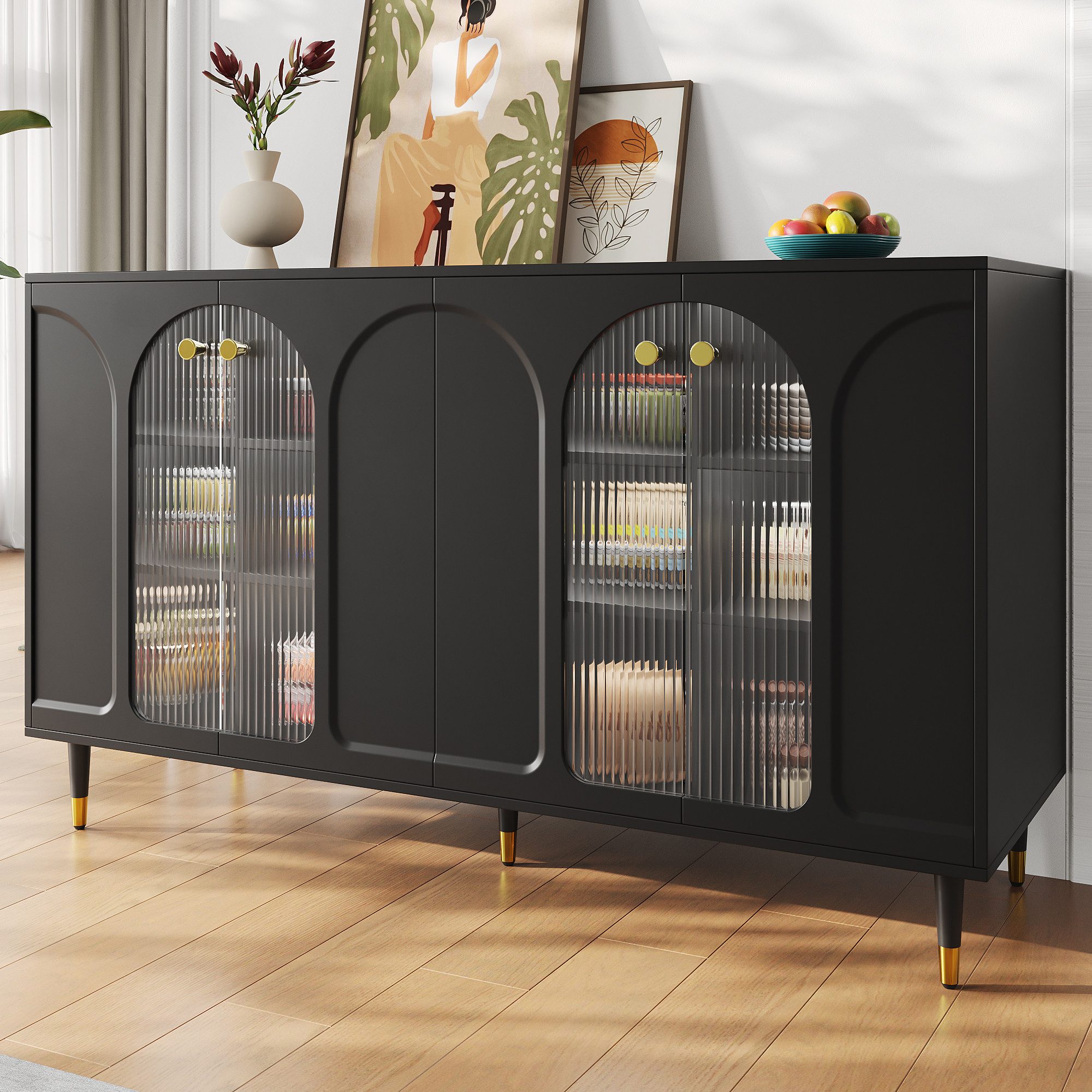 Flieks Sideboard mit 4 Glastüren Schwarz/Weiß günstig online kaufen