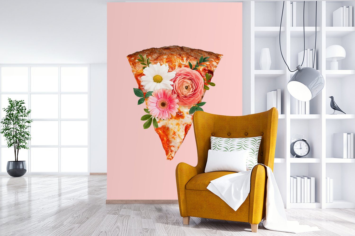 Pizza - Blumen Fototapete Stilleben, (3 Wohnzimmer, St), MuchoWow Tapete - Vinyl bedruckt, für Matt, Wandtapete Montagefertig