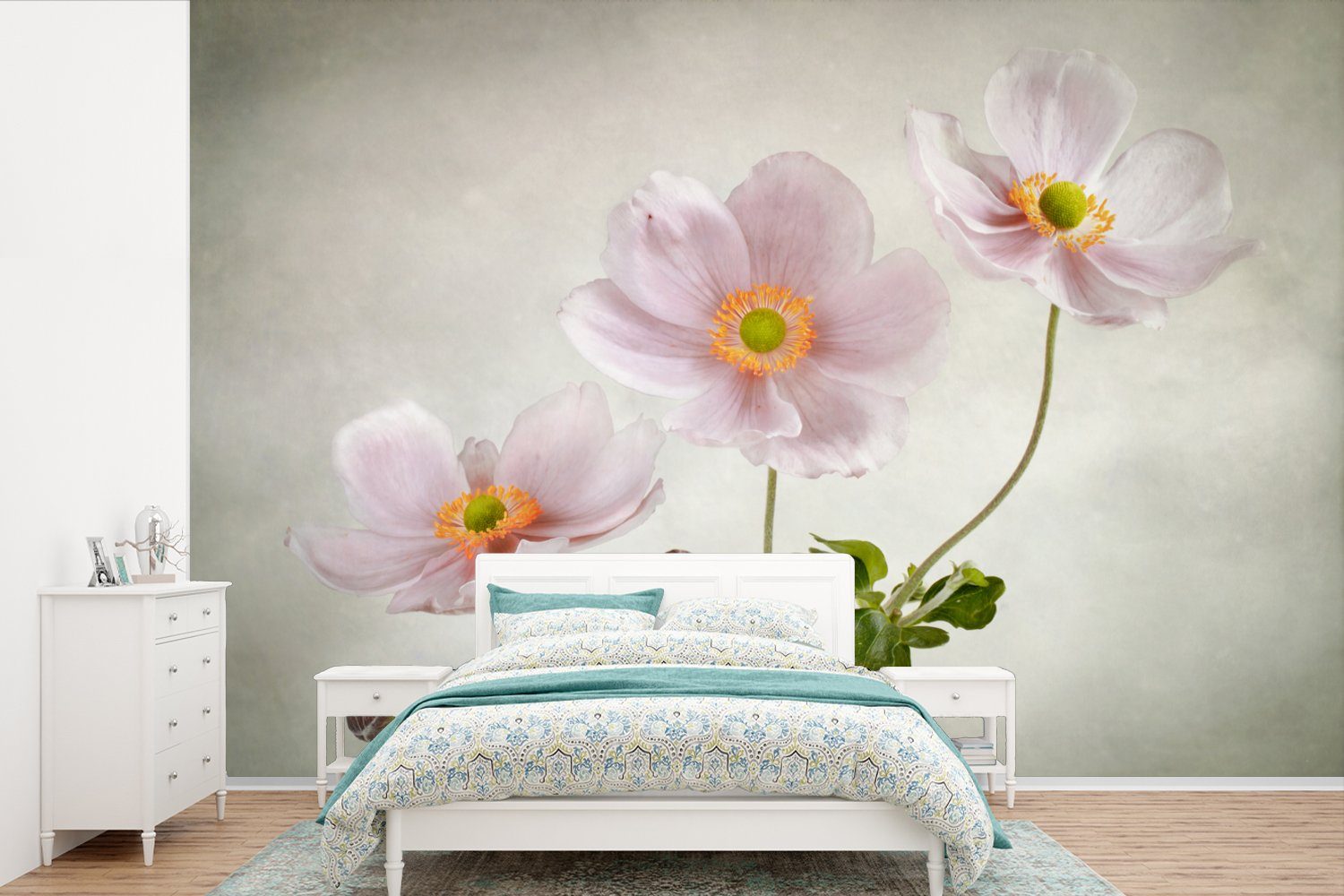 MuchoWow Fototapete Blumen - Stillleben - Ölfarbe - Mohn - Rosa, Matt, bedruckt, (6 St), Wallpaper für Wohnzimmer, Schlafzimmer, Kinderzimmer, Vinyl Tapete