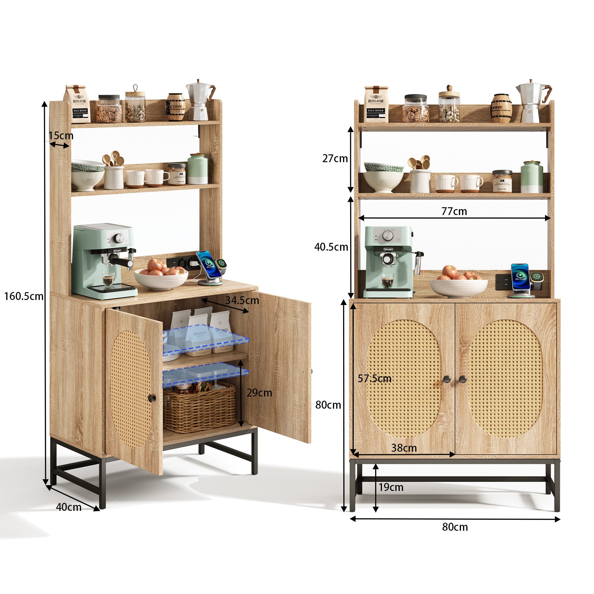 Ulife Sideboard Rattan-Doppeltür Buffet-Schrank mit Eichenholz-Dekor günstig online kaufen