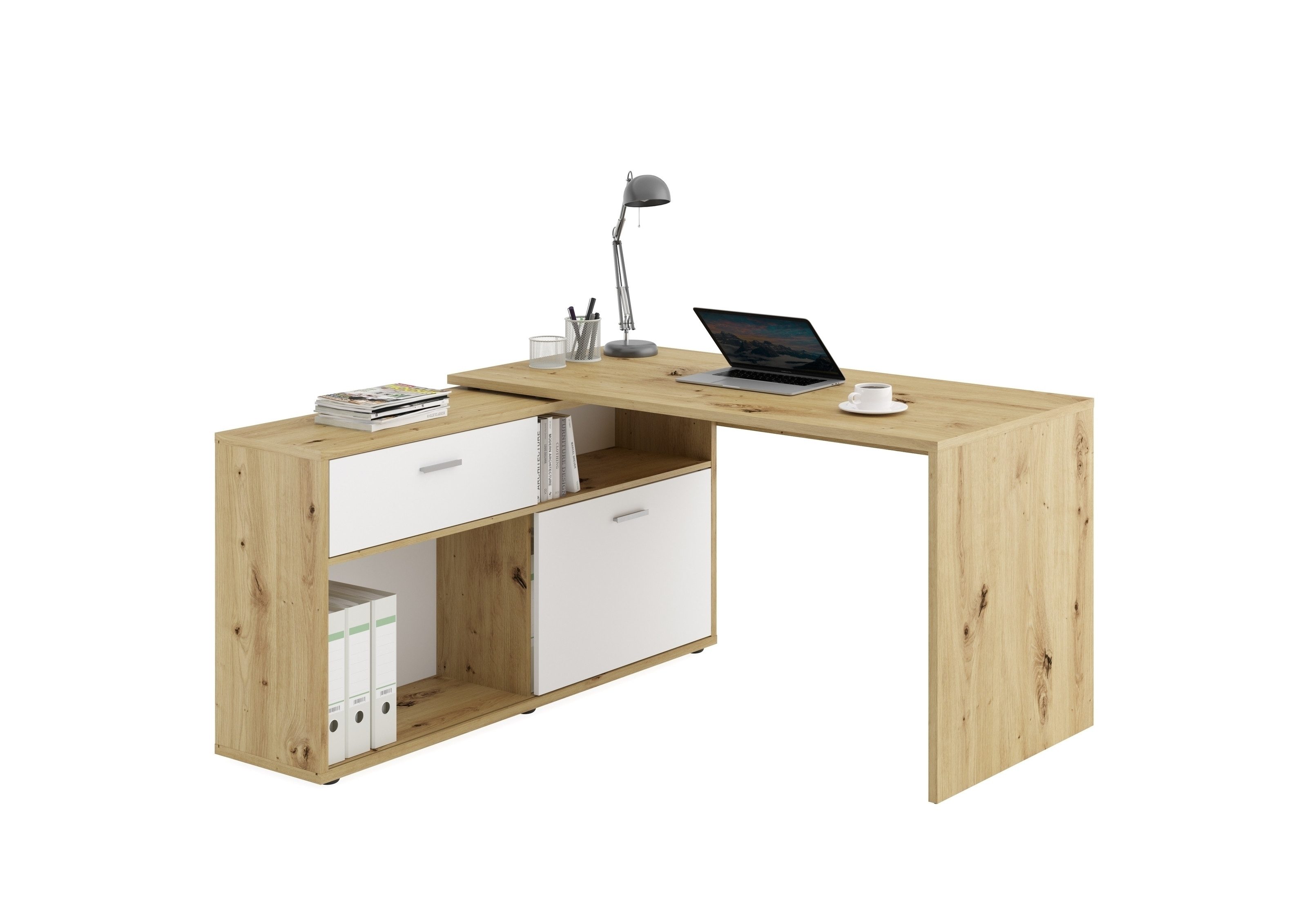 PREISBRECHER Schreibtisch DIEGO, in Artisan Eiche Dekor-Brillantweiß - 138x75x138cm (BxHxT)