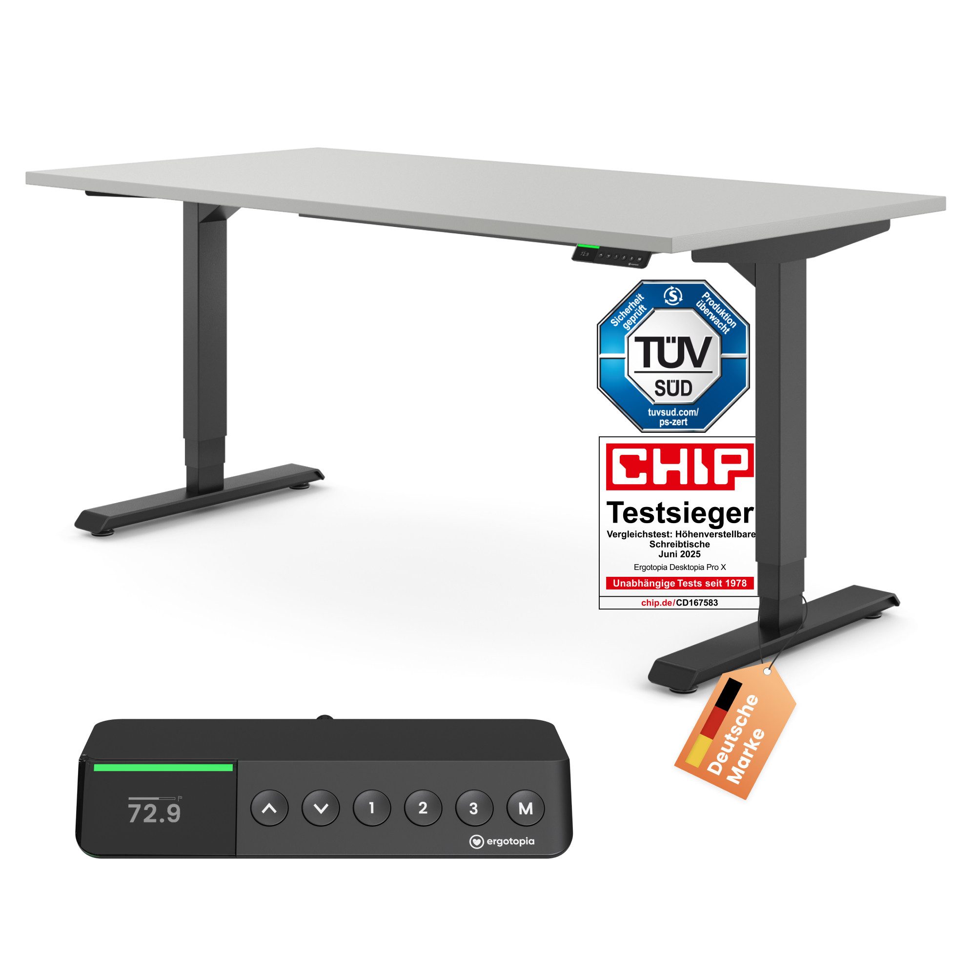 Ergotopia Schreibtisch Desktopia Pro X elektrisch höhenverstellbarer Schreibtisch, elektrisch verstellbarer Bürotisch inkl. edlem OLED-Display