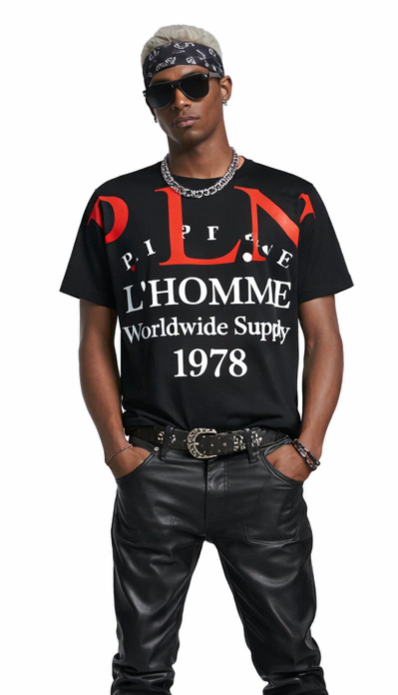 PHILIPP PLEIN T-Shirt Herren Gold Cut P.L.N. Worldwide Supply Shirt geripptem Kragen, ikonischer Schriftzug, Doppelt genähte Säume
