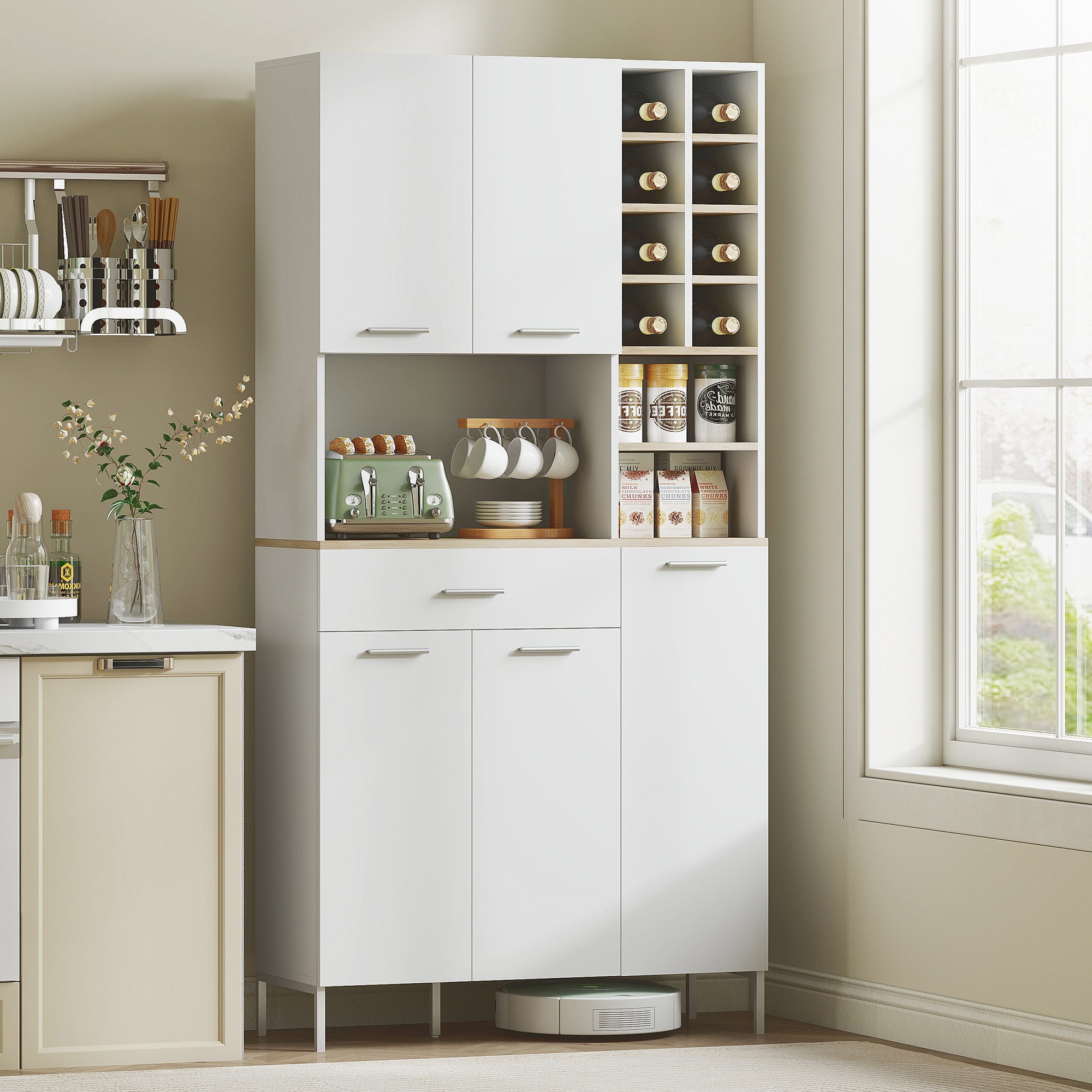 HOMCOM Küchenbuffet Schrank mit Weinregal, Schublade, verstellbaren Einlegeböden (Buffetschrank, 1-St., Hochschrank) Moderner Vorratsschrank, Weiß, 90 x 35 x 183 cm
