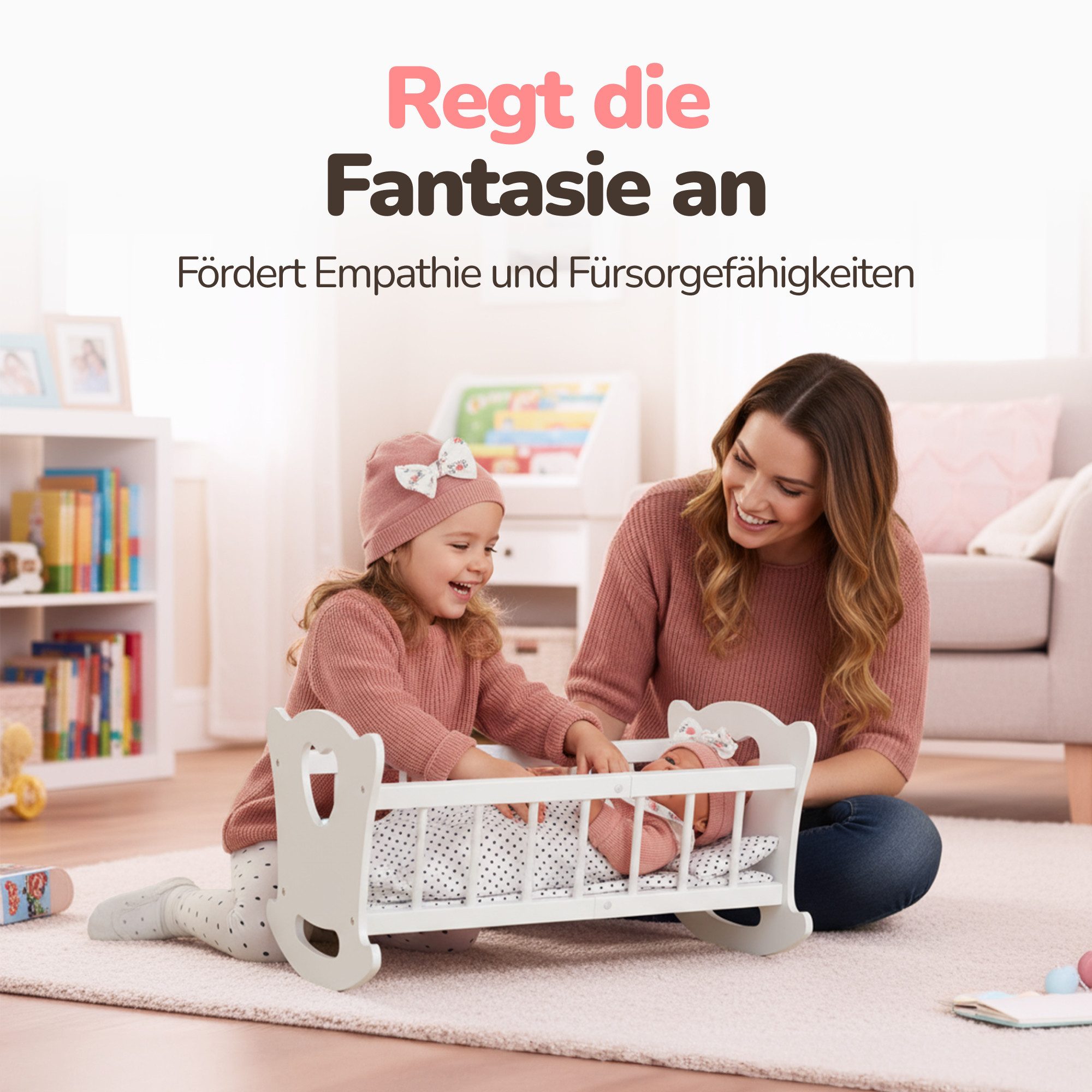 Green Series Puppenwiege Holz Puppenwiege mit Bettwäsche – liebevolles Rollenspiel für Kinder